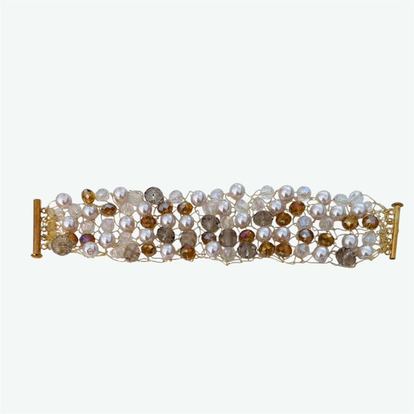 Crocheted Gold Wire, Faux Pearl and Crystal Beads Statement Cluster Bracelet - Picture 4 of 4